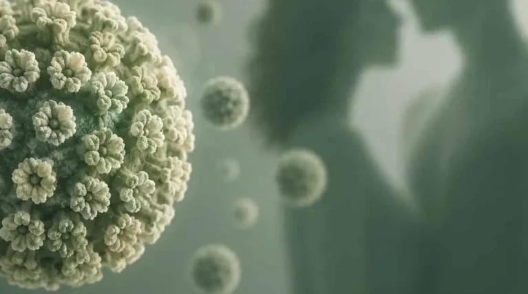 HPV'nin cinsel temas yoluyla bulaşmasını temsil eden, arka planda yakınlaşan çift silüeti ve önde HPV virüsünü gösteren premium tıbbi illüstrasyon.