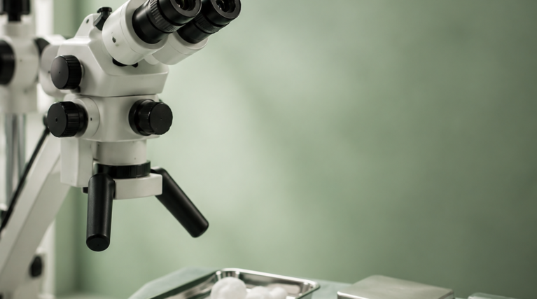 Kolposkopi Cihazı ve Kolposkopi Biyopsi Ekipmanları | Prof. Dr. Selçuk Erkılınç Kolposkopi cihazı, biyopsi forsepsi, pamuk uçlu aplikatörler, gümüş nitrat çubukları, endoservikal küret ve patoloji örnek kabının steril masada düzenlenmiş görünümü.