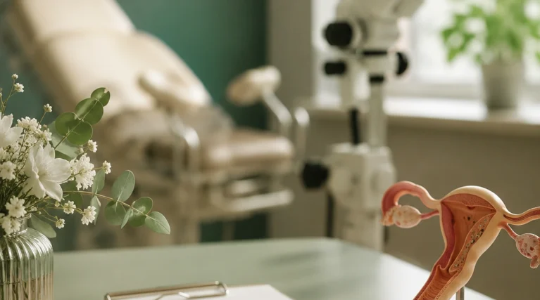 Kolposkopi kararı, hastanın HPV testi, smear sonucu ve klinik bulgular birlikte değerlendirilerek verilir. Kolposkopi endikasyonlarının değerlendirilmesini simgeleyen kontrol listesi ve kolposkop bulunan modern jinekoloji muayene odası.