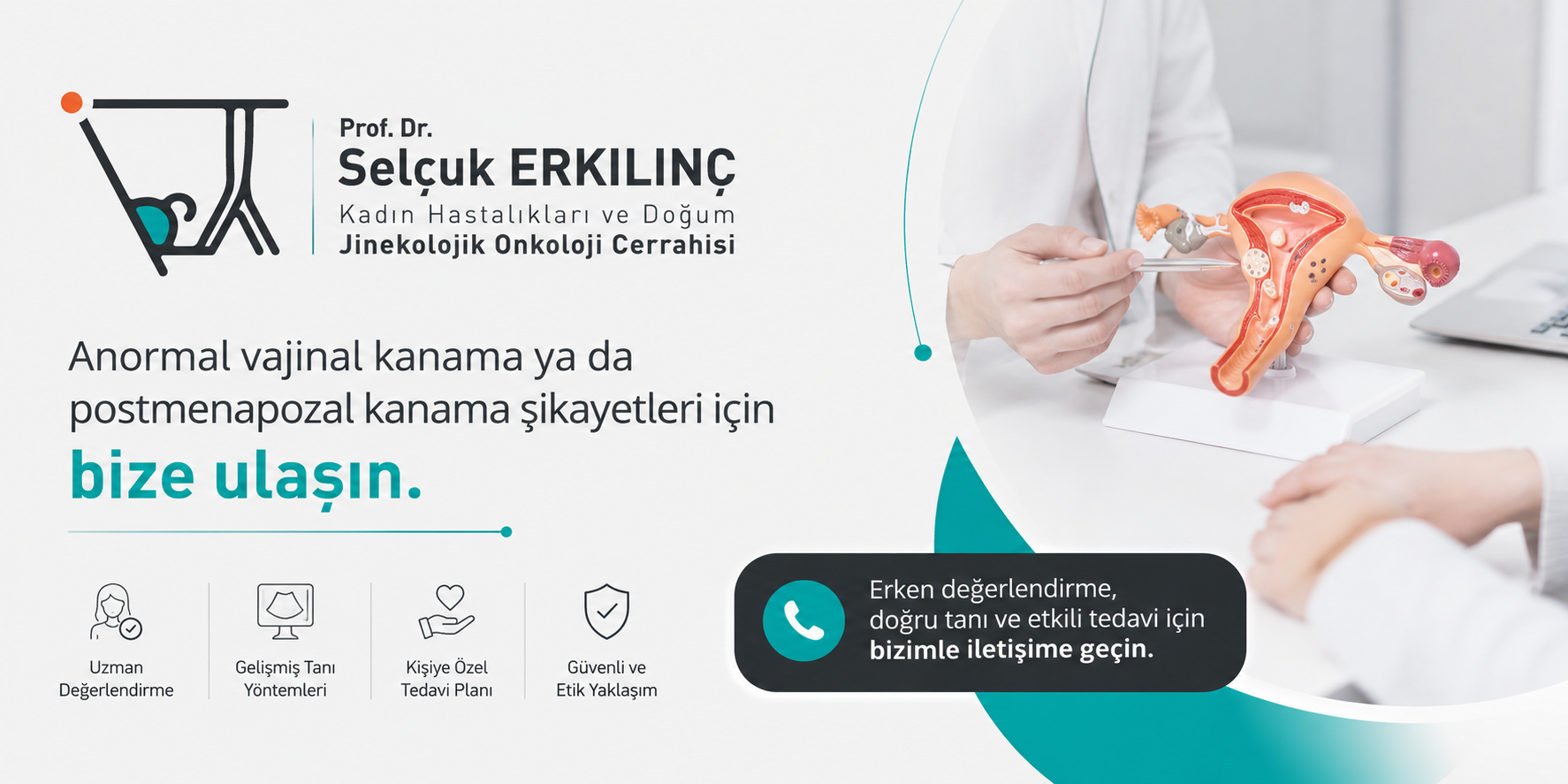 Prof. Dr. Selçuk Erkılınç jinekolojik onkoloji cerrahisi klinik bilgilendirme bannerı, anormal vajinal kanama ve menapoz sonrası kanama şikayetleri için iletişim ve randevu görseli.