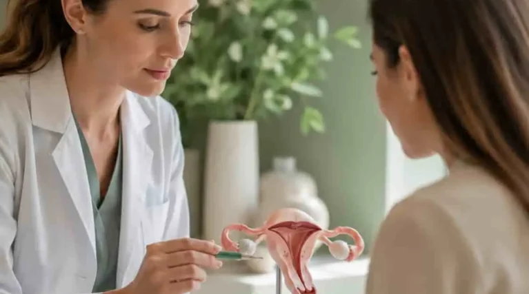Jinekolojik onkoloji uzmanı kadın hastaya HPV testi hakkında bilgi verirken.